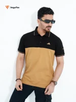 Pique Polo shirt (style-02) with chest logo and sleeve embroidery (Pale Gold & Black)