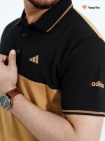 Pique Polo shirt (style-02) with chest logo and sleeve embroidery (Pale Gold & Black) - Image 2