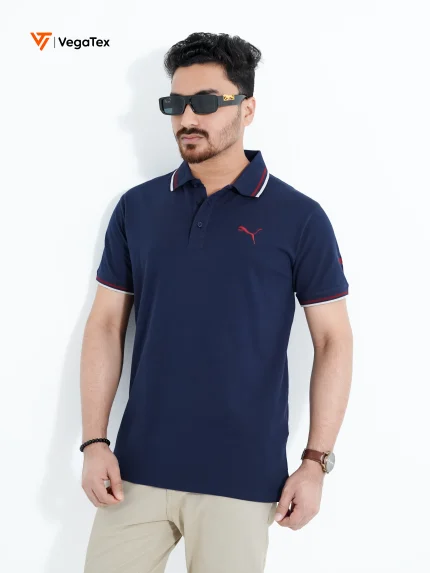 Solid color Pique Polo shirt (style-04) with chest logo and sleeve embroidery (Navy)
