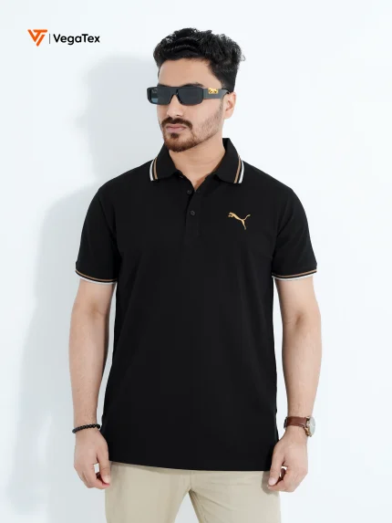Solid color Pique Polo shirt (style-04) with chest logo and sleeve embroidery (Black)