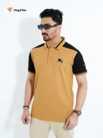 Pique Polo shirt (style-03) with chest logo and sleeve embroidery (Pale Gold & Black)