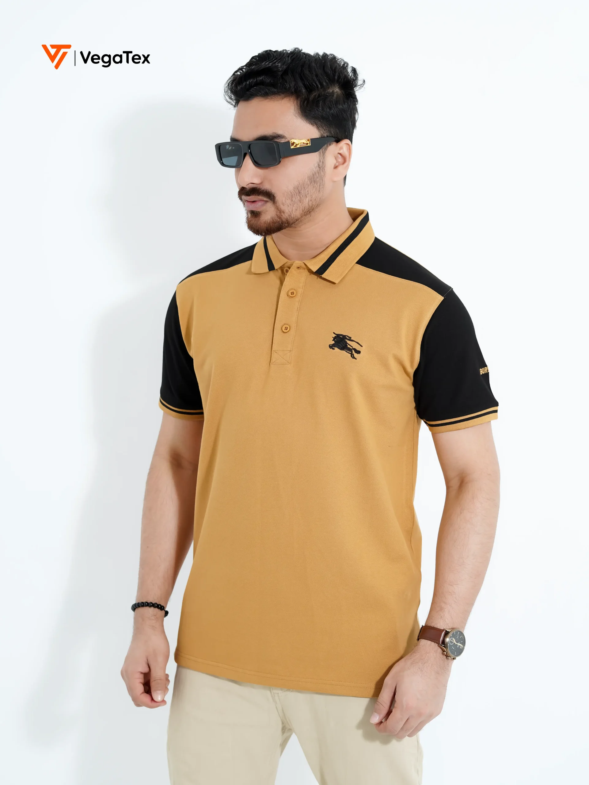 A19-01-26 file By 40 copy 2 Pique Polo shirt (style-03) with chest logo and sleeve embroidery (Pale Gold & Black) - Image 1