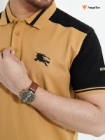 Pique Polo shirt (style-03) with chest logo and sleeve embroidery (Pale Gold & Black) - Image 2