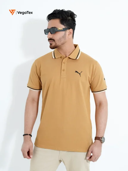 Solid color Pique Polo shirt (style-04) with chest logo and sleeve embroidery (Pale Gold)