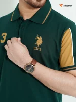 Pique Polo shirt (style-05) with left & right chest embroidery (Bottle Green & Pale Gold) - Image 2